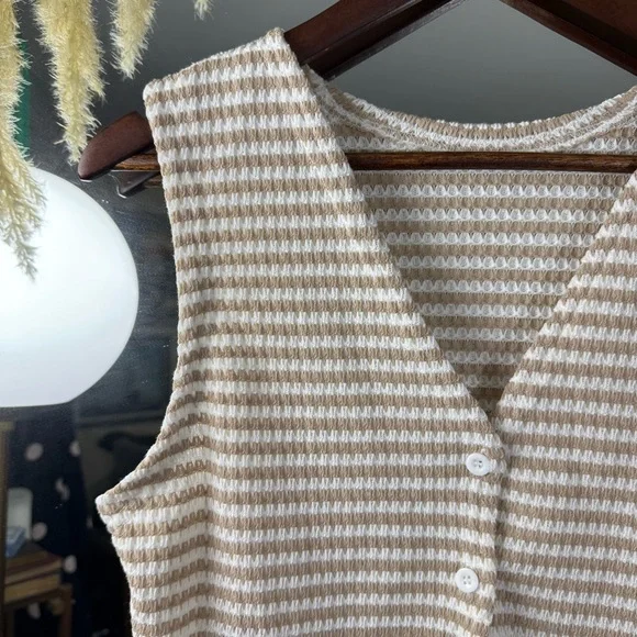 Oyoangle Tan and White Stripe Knit V Neck Button Down Women’s Cropped Vest - Picture 3 of 4